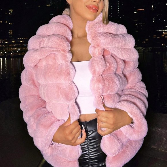 Dusty Pink Preppy Womens Open Front Fuzzy Jacket - Picture 4 of 5